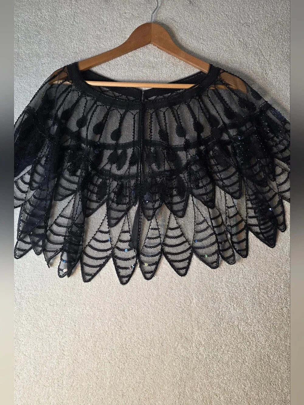 Beaded Capelet Scalloped Embroidery Sequin And Beads Black Flapper Shawl OS